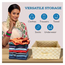 Kuber Industries Drawer Storage BoxCheck Drawer Storage BoxNon Woven Clothes Organizer For ToysStorage Box for BooksStorage Box with HandlePack of 2Cream image 5