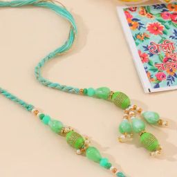 NVR Green Artificial Beads Bhaiya Bhabhi Rakhi with Roli Chawal Chandan & Mishri - Set of 2-36