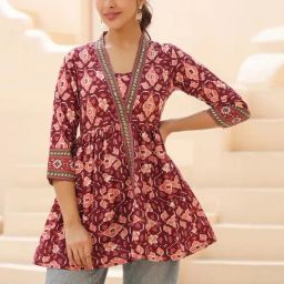 Rain and Rainbow Maroon Cotton Printed Top-image-61