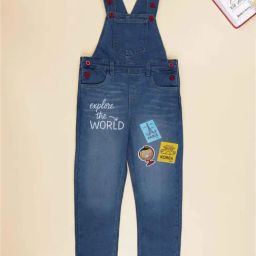 Kiddopanti Boys Medium Wash Blue Denim Printed Regular Fit Dungaree-image-22