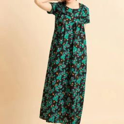 Sweet Dreams Black & Green Cotton Printed Night Gown-11