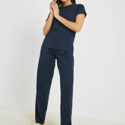 Styli Navy Blue Cotton Blend Solid Pyjama Set-picture-28