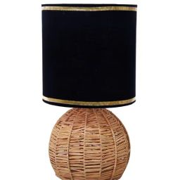 Homesake Rattan Table Lamp Small Nightstand Lamp with Linen Fabric Lampshade Round Black-picture-12