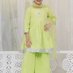Little Bansi Girls Green Cotton Three Fourth Sleeves Frock Style Kurta With Sharara And Net Dupatta-image-3