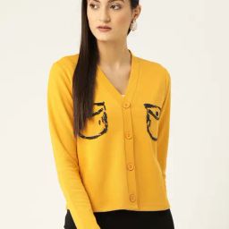 KASSUALLY Mustard Cotton Embellished Cardigan-54