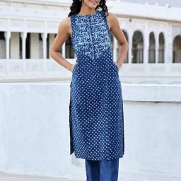 Okhai Indigo Cotton Printed Straight Kurta-picture-27