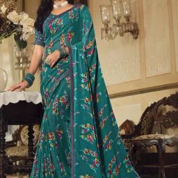Satrani Blue Floral Print Saree With Unstitched Blouse-image-43