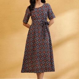 Fabindia Ethnic Motifs Print Belted Fit & Flare Midi Dress-image-82
