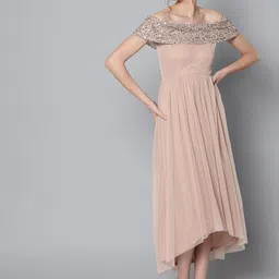 STREET 9 Beige Off-Shoulder Net Maxi Dress-image-96