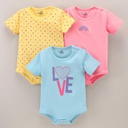 Doodle Poodle Cotton Knit Half Sleeves Heart Print Onesies Pack Of 3 - Yellow Blue Pink-image-101
