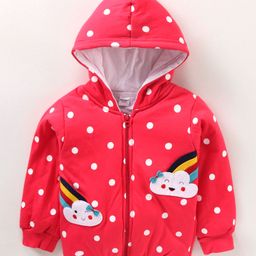 Cucumber Full Sleeves Hooded Sweatshirt Clouds Patch & Polka Print- Red-image-76