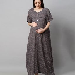MomToBe Half Sleeves Seamless Leaf Printed Maternity Nighty - Grey-image-48