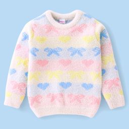 Babyhug Full Sleeves Sweater Heart & Bow Design- White Pink & Blue-image-1