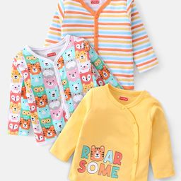 Babyhug 100% Cotton Knit Full Sleeves Antibacterial Vests Stripes & Tiger Print Pack of 3 - Multicolour-image-5