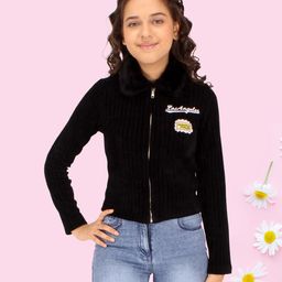 Cutecumber Full Sleeves Los Angeles Patch Embellished Velvet Collared Sweatshirt - Black-picture-49