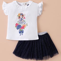 ToffyHouse 100% Knitted Cotton Frill Sleeves Doll & Floral Printed Top & Woven Cotton Skirt With Mesh Detailing - Navy & White-picture-9