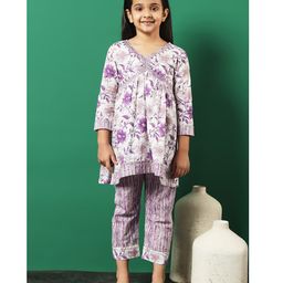READIPRINT Cotton Three Fourth Sleeves Floral Printed Kurta & Pant - Purple-picture-37