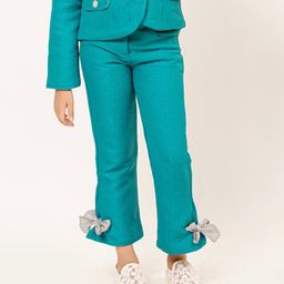 One Friday Rose Textured Whimsical Trousers - Teal Green-image-60