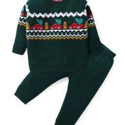 Babyhug Knitted Full Sleeves Pullover Sweater Set With Chevron Design - Green-image-10
