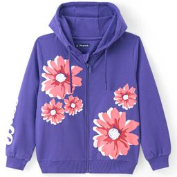 Pine Kids Knit Full Sleeves Hooded Front Open Sweat Jacket Floral & Text Design - Purple-image-75