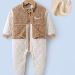 Kookie Kids Full Sleeves Front Open Winter Wear Fur Romper with Text Embroidery - Tan-image-82