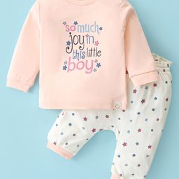 Ollypop Interlock Knit Full Sleeves T-Shirt & Lounge Pants Set With Text & Stars Print - Baby Pink-picture-10