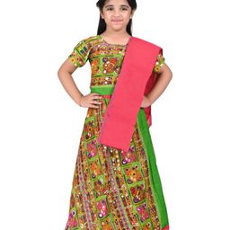 Itsmycostume Cotton Navratri Theme Half Sleeves Ethnic Motifs Embroidered & Mirror Work Detailed Lehenga & Top Set With Dupatta - Pink-image-55