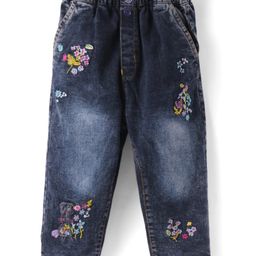 Olio Kids Denim Woven Full Length Paper Bag Jeans with Floral Embroidery - Black-image-26