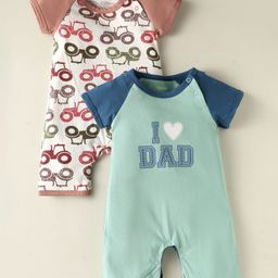 OHMS Single Jersey Knit Half Raglan Sleeves Rompers with Text & Tractor Print Pack of 2 - Light Green & White-image-52