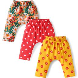 Babyhug Interlock Knit Full Length Diaper Pants with Polka Dots & Floral Print Pack of 3 - Red & Yellow-image-56