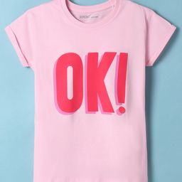 Doreme Cotton Knit Half Sleeves T-Shirt With OK Print - Light Pink-13