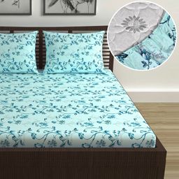 Divine Casa Floret 100% Cotton Double Fitted Bedsheet with 2 Pillow Covers | 144 TC | Deep Pocket Design | Soft & Durable - Winter Fern-24