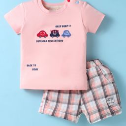 Ollypop Sinker Knit Half Sleeves T-Shirt & Checks Shorts Set With Car Patch - Peach-image-12