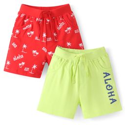 Doodle Poodle 100% Cotton Knit Knee Length Shorts With Aloha Text Print Pack Of 2 - Red & Limegreen-picture-18