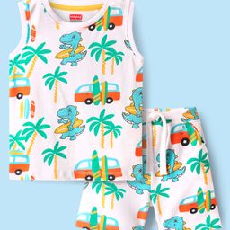 Babyhug Single Jersey Knit Sleeveless Beach Theme Printed Tank Co-ords T-Shirt & Shorts Set - White-picture-38