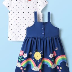 Babyhug 100% Cotton Half Sleeves Polka Dots Printed Inner Tee With Rainbow Printed Frock - Blue & White-image-64