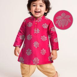 EARTHY TOUCH Single Jersey Knit Mandarin Collar Full Sleeves Kurta Dhoti Set with Floral Foil Print - Pink-image-57