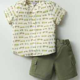 ToffyHouse Cotton Knit Half Sleeves Mandarin Collar Shirt & Shorts Set With Car Print - Green-image-49