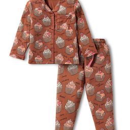 CUCUMBER Sinker Knit Full Sleeves Co-Ord Night Suit With Cupcake Print - Brown-image-13