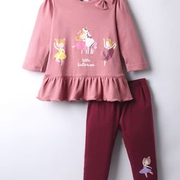 CUCUMBER Interlock Knit Full Sleeves Frock with Legging Bow Applique & Ballerina Print - Rose Gold-picture-4