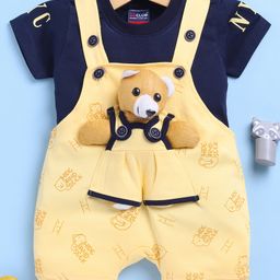 Jb Club Cotton Knit Teddy Bear Applique Detailed Dungaree With Half Sleeves Tee Set - Yellow-image-31