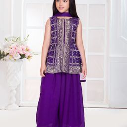 Tiny Kingdom Woven Sleevless Floral Printed Gota Lace Embellished Kurti Palazzo With Dupatta Set - Purple-image-33