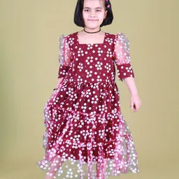 Bugandbees Floral Print Puff Sleeve Net Fit & Flare Maxi Dress-picture-14