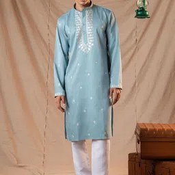 5 Stitch Ethnic Motifs Embroidered Sequinned Band Collar Straight Kurta With Pyjamas-image-62