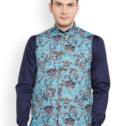 Wintage Men Blue Printed Nehru Jacket-98