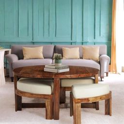 Ikiriya Brown Sheesham Wood Natural Teak Finish Round Coffee Table with Stool and Cushions-13