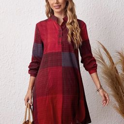 SZN Mandarin Collar Cuffed Sleeves Checked A-Line Dress-image-103
