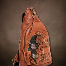 Art N Vintage Biker Cognac Leather Textured Medium Cross Body Bag-image-32