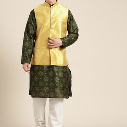 SOJANYA Men Green & Gold Floral Straight Kurta Churidar & Woven Design Nehru Jacket-22