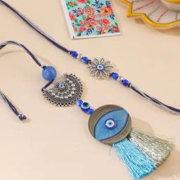 NVR Blue Evil Eye Artificial Beads Bhaiya Bhabhi Rakhi with Roli Chawal Chandan & Mishri - Set of 2-15